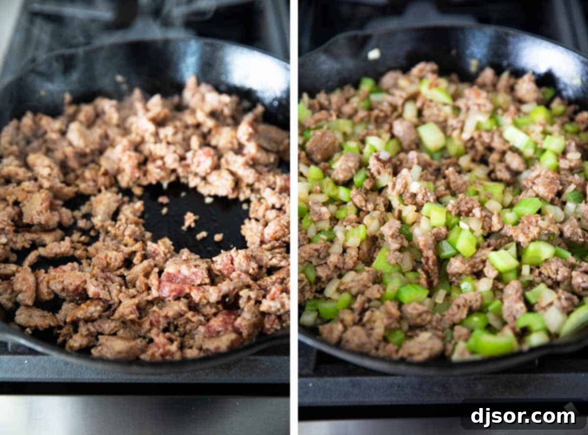 The Ultimate Cornbread Stuffing with Sausage: A Holiday Table Star Sausage and diced vegetables cooking in a skillet on the stove, a key step for cornbread stuffing.