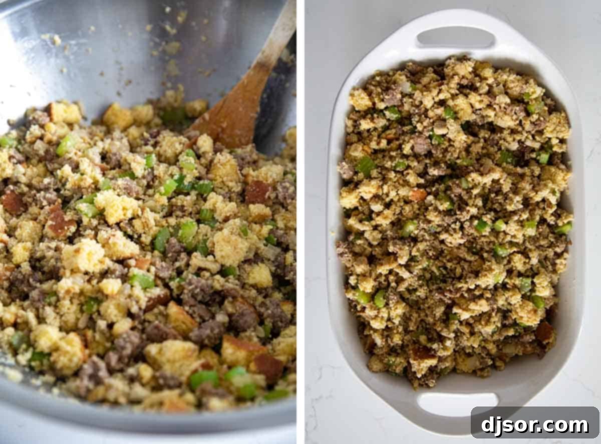 The Ultimate Cornbread Stuffing with Sausage: A Holiday Table Star Large mixing bowl with cornbread cubes, sausage, vegetables, and seasonings, being gently combined.