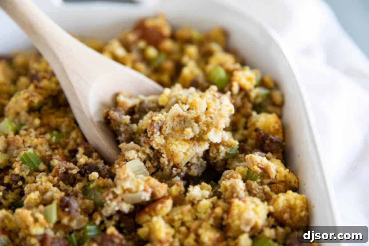 The Ultimate Cornbread Stuffing with Sausage: A Holiday Table Star A serving spoon lifting a portion of hot, golden-brown cornbread stuffing from a casserole dish.