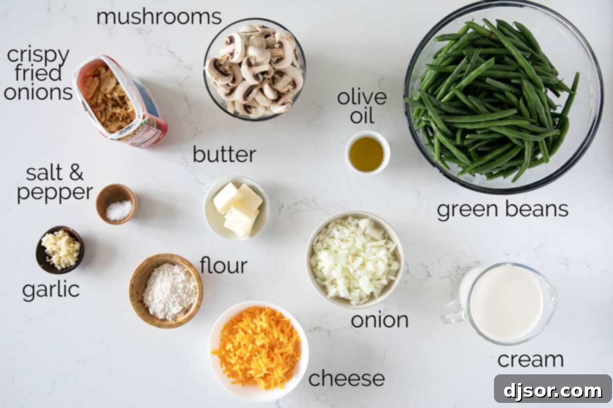A vibrant selection of fresh ingredients laid out on a kitchen counter, showcasing green beans, mushrooms, onions, and various spices, all prepped for the Green Bean Casserole.