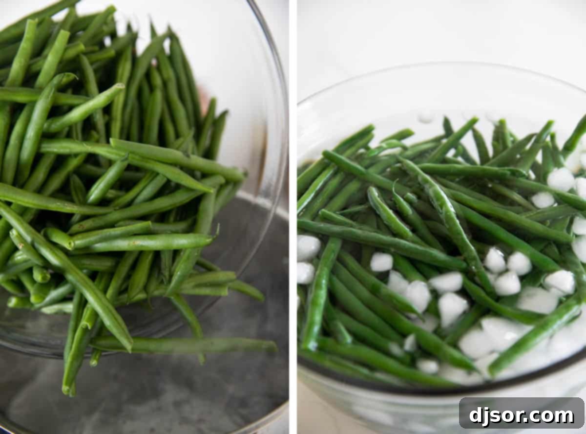 Close-up shot of fresh green beans being blanched in a pot of boiling water, showcasing their vibrant green color.