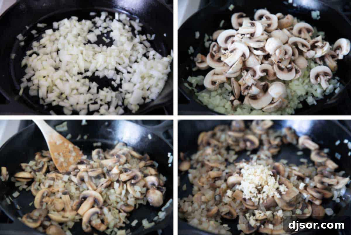 Close-up of chopped onions, sliced mushrooms, and minced garlic being cooked in a large skillet with olive oil until softened and aromatic.