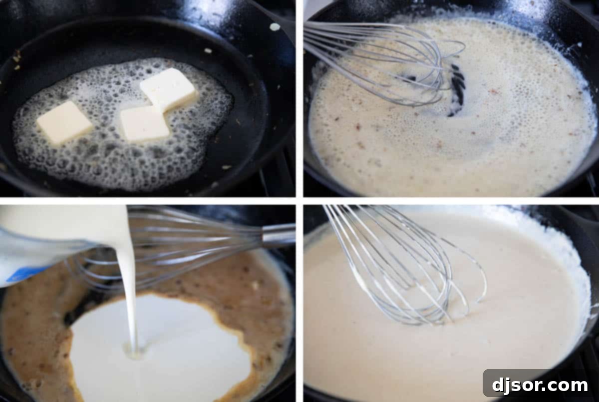 A whisk stirring a rich, creamy white sauce in a skillet, made from melted butter, flour, and heavy cream, for the Green Bean Casserole.