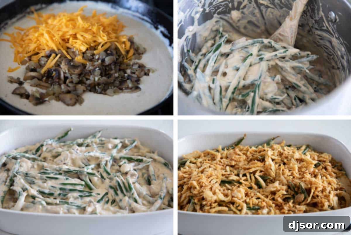 A large skillet filled with blanched green beans, sautéed onions and mushrooms, and the rich cream sauce, all being mixed together to combine flavors.