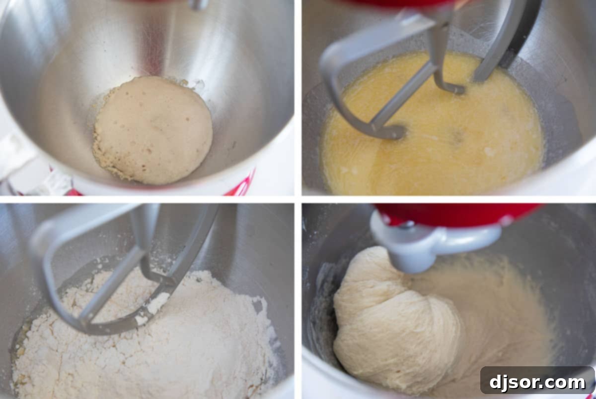 Dough for Parker House Rolls being kneaded in a stand mixer.