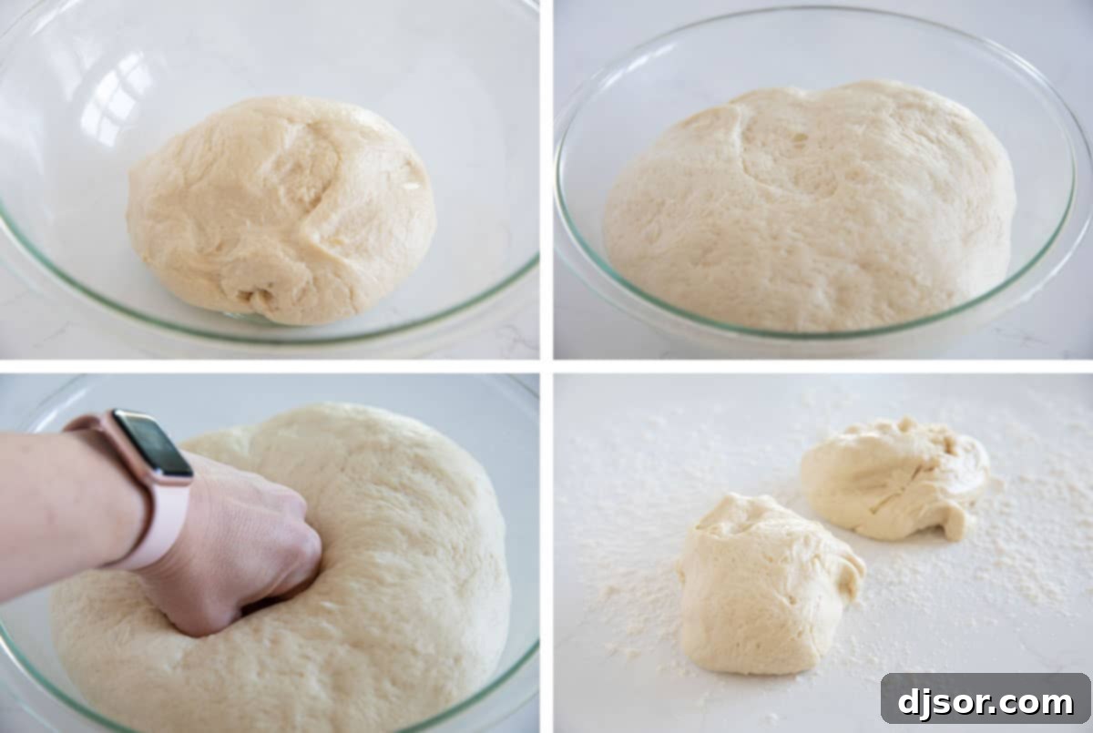 Parker House Roll dough rising in a large bowl, covered.