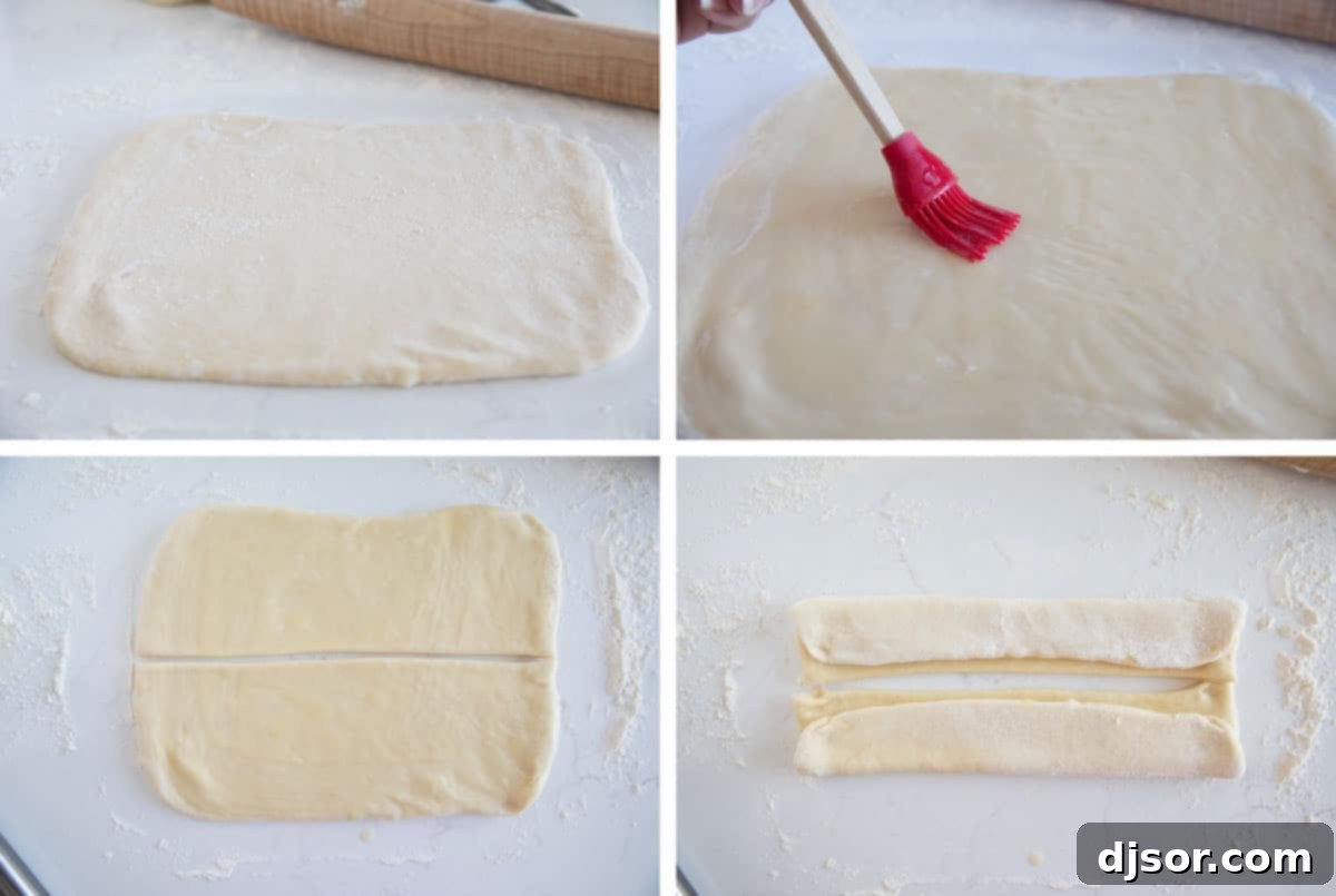 Steps showing rolling out dough, brushing with butter, and cutting into sections for Parker House Rolls.