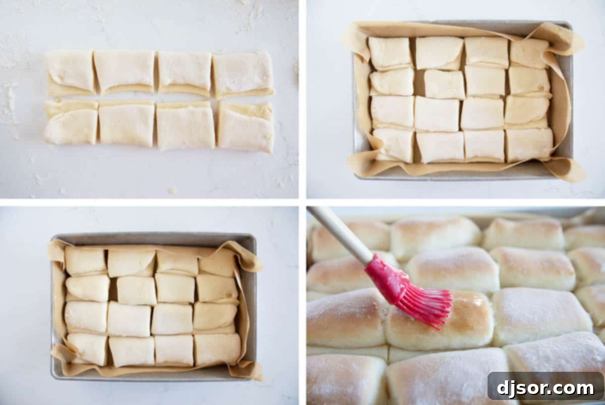 A sequence of images showing the folding of Parker House Roll dough, placing them in a pan, their second rise, and brushing with butter before baking.