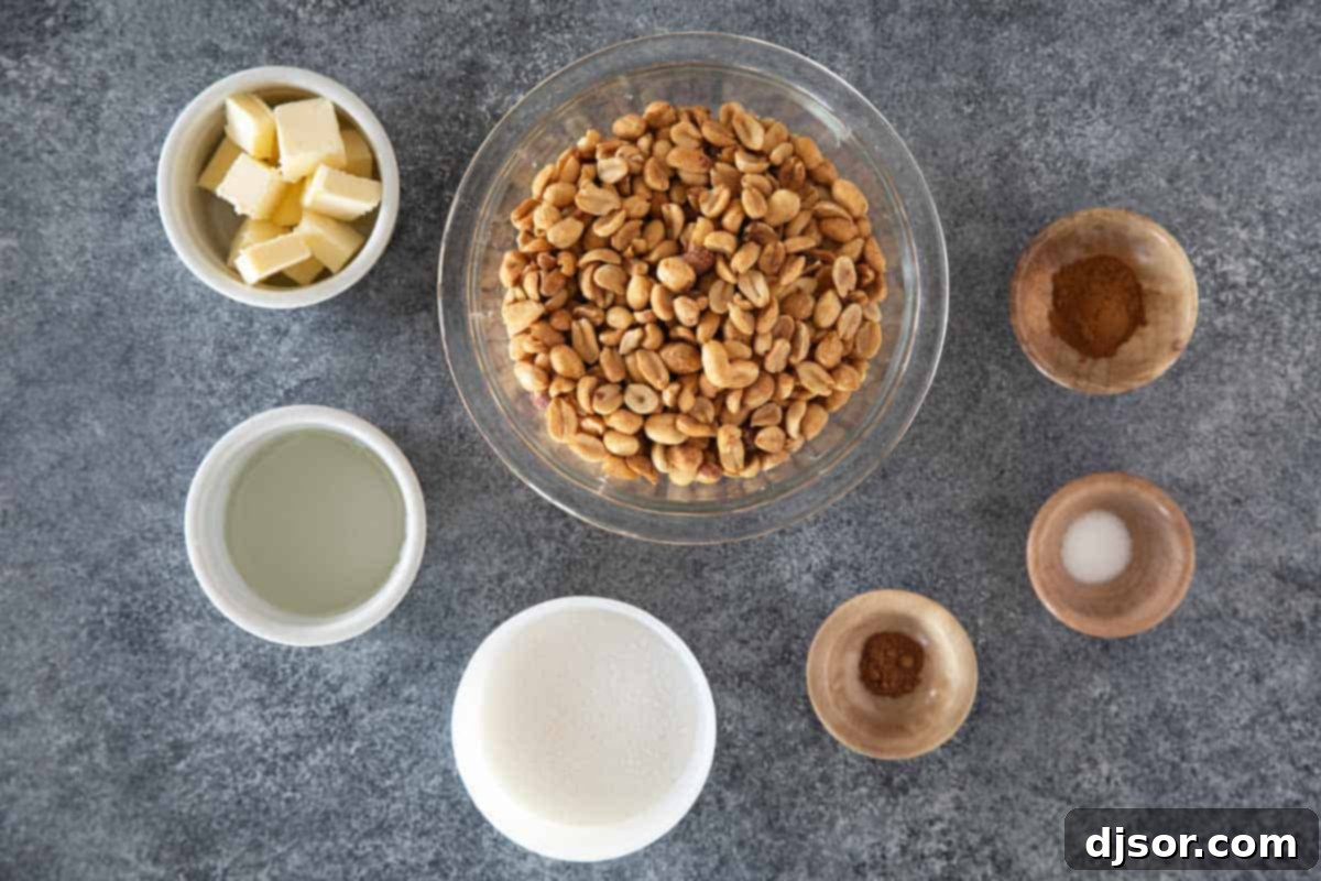 Collection of fresh ingredients arranged for making Toffee Peanuts, including sugar, butter, corn syrup, spices, and peanuts.