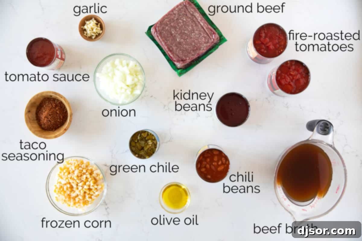 Essential Ingredients for a Flavorful Taco Soup A vibrant selection of fresh and canned ingredients laid out for making delicious Taco Soup.