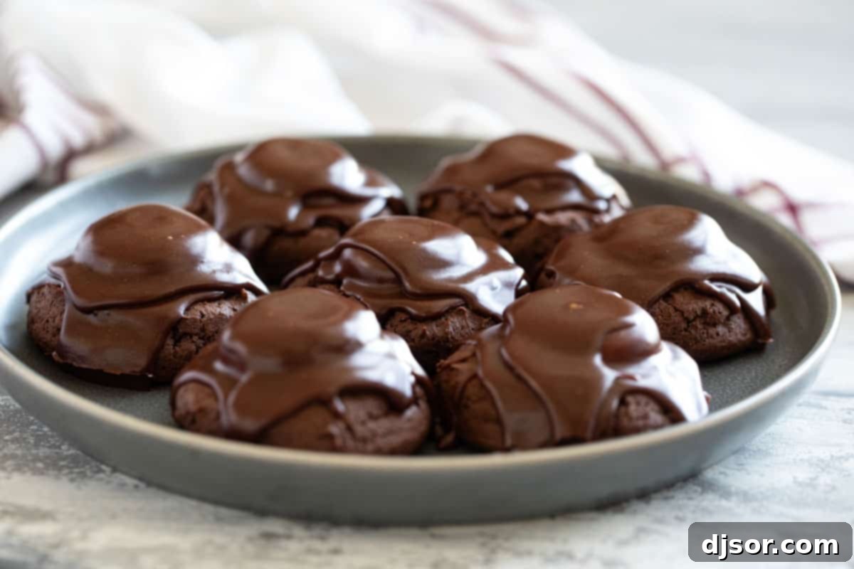 Chocolate Marshmallow Cookies covered in chocolate glaze on a plate, showcasing their inviting fudgy texture.