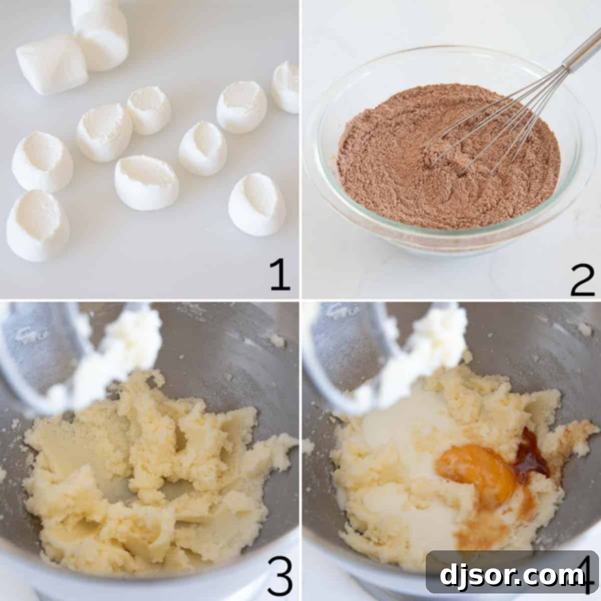 Visual steps for making chocolate marshmallow cookies, showing dough preparation and baking.