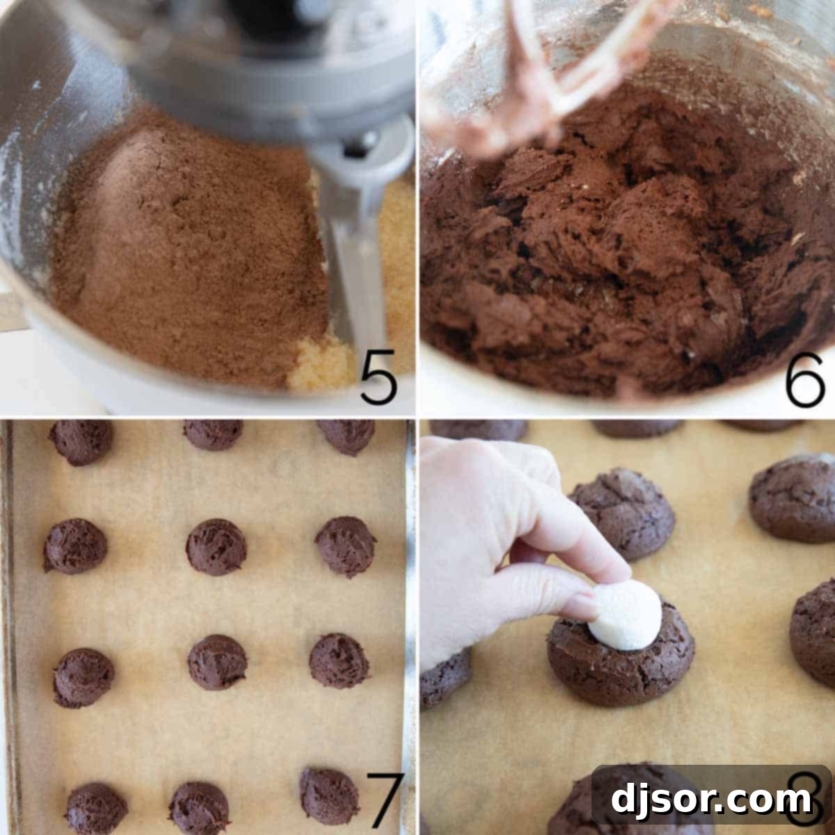 Process of making and shaping dough for chocolate marshmallow cookies on a baking sheet.