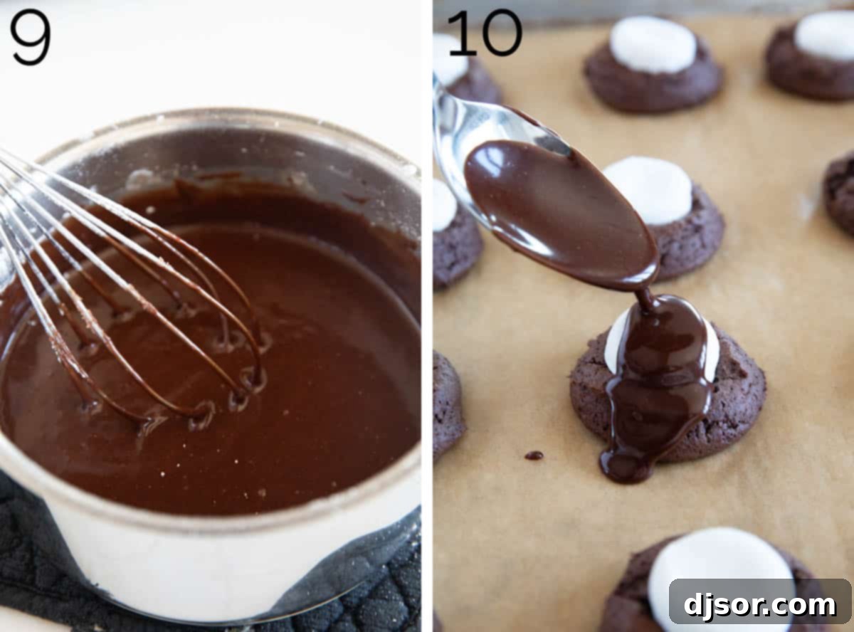 Preparation of chocolate glaze and its application to the tops of baked cookies.