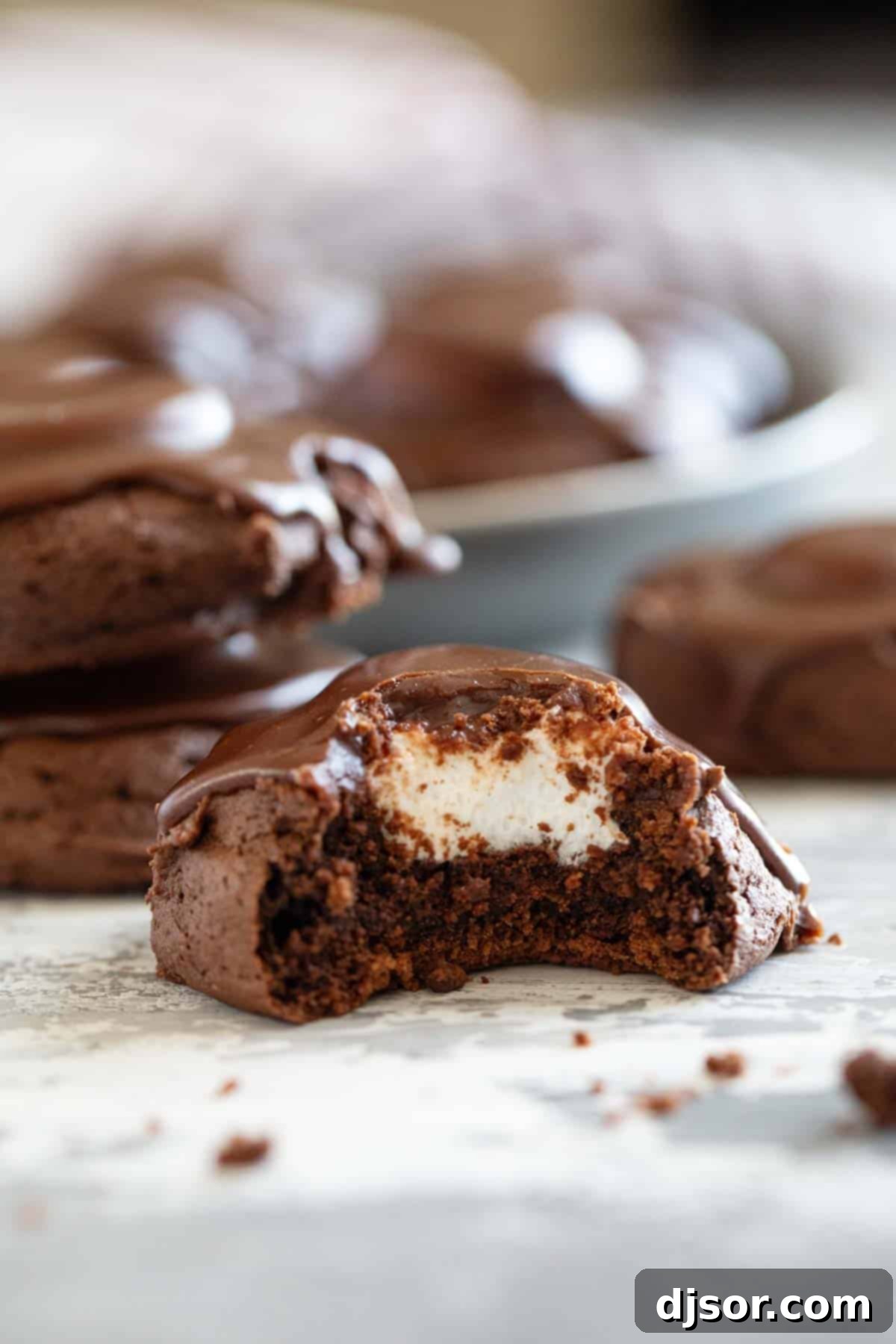 A chocolate marshmallow cookie with a bite taken out, revealing the gooey marshmallow center and fudgy chocolate cookie base.