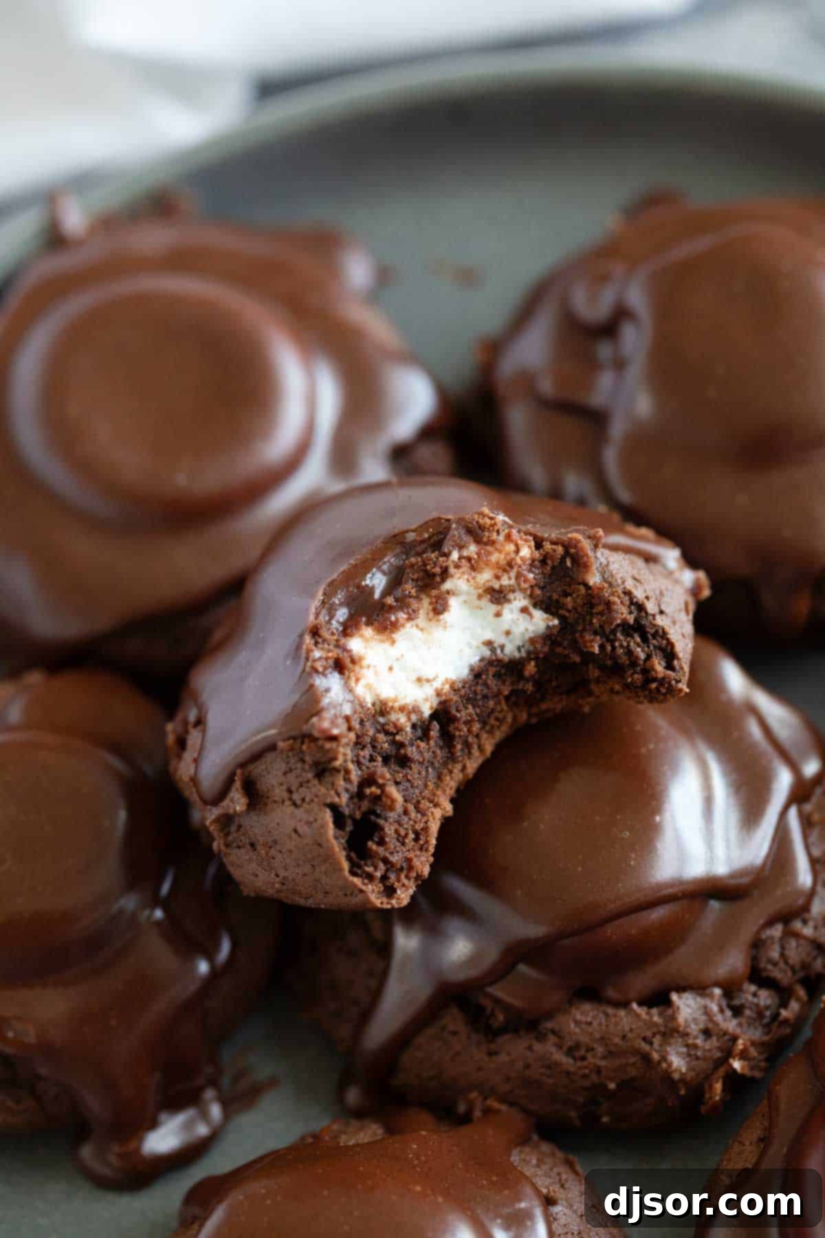A full plate of Chocolate Marshmallow Cookies, one with a bite taken out, inviting a taste.