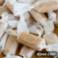 Instant Caramel Indulgence 2 Stack of microwave caramels wrapped in wax paper.