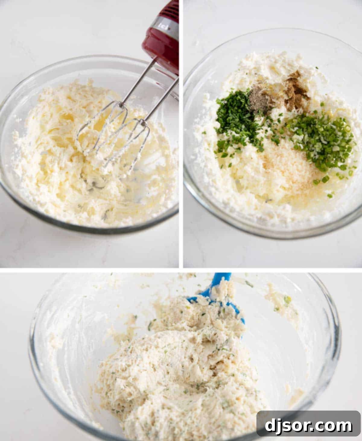 Close-up of a bowl filled with the creamy, savory filling for crab stuffed mushrooms, showing mixed ingredients like crab, cheese, and green onions.
