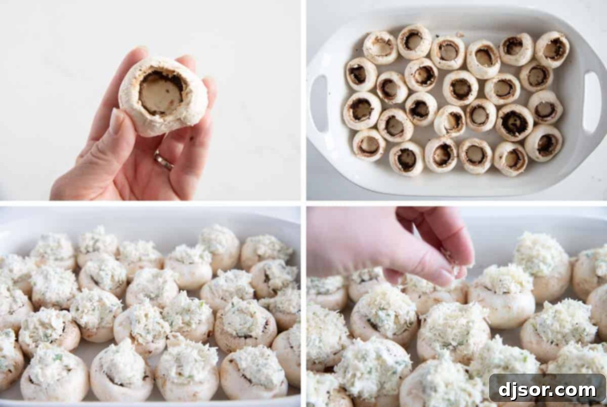 Process of preparing crab stuffed mushrooms, showing cleaned mushroom caps, filling them with the crab mixture, and topping with extra cheese before baking.