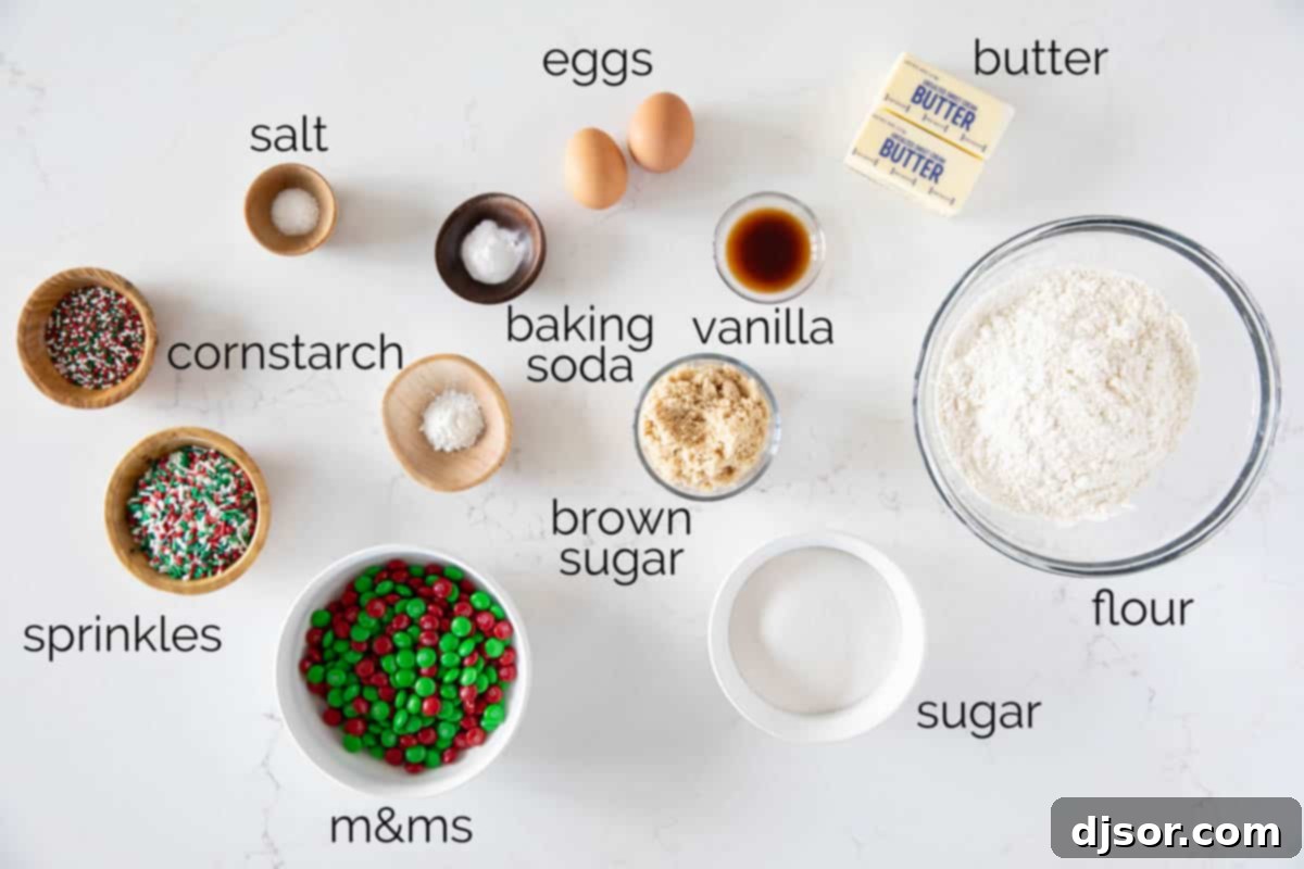 Soft, delicious, and super festive, these Christmas M&M Cookies will be a favorite for both kids and adults. Add sprinkles to make them even more fun! A collection of ingredients laid out, essential for baking a batch of festive Christmas M&M Cookies.