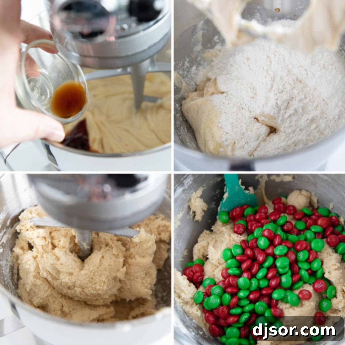 Soft, delicious, and super festive, these Christmas M&M Cookies will be a favorite for both kids and adults. Add sprinkles to make them even more fun! Detailed process of preparing cookie dough, including the step of adding M&Ms for Christmas cookies.