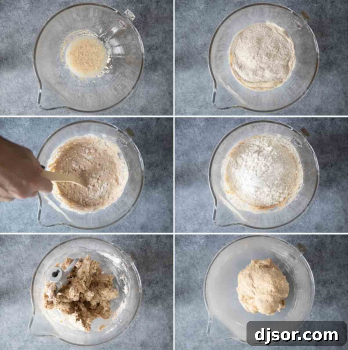 These Whole Wheat Rolls are a perfect dinner roll made with whole wheat flour and bread flour. A bit of honey brings in some sweetness, while evaporated milk brings richness to the rolls. A visual guide showing the progression of dough making for whole wheat rolls, from mixing ingredients to the first rise.