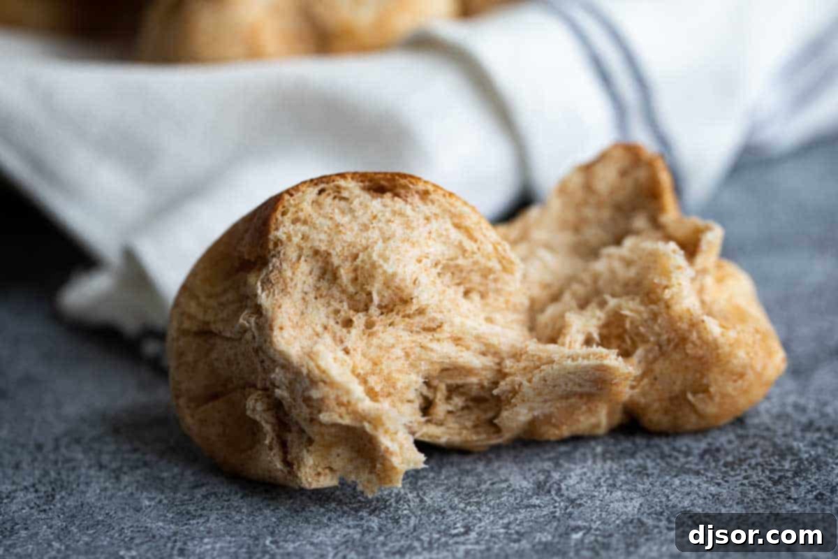 These Whole Wheat Rolls are a perfect dinner roll made with whole wheat flour and bread flour. A bit of honey brings in some sweetness, while evaporated milk brings richness to the rolls. A whole wheat roll torn in half, revealing its light, airy, and fluffy interior texture.
