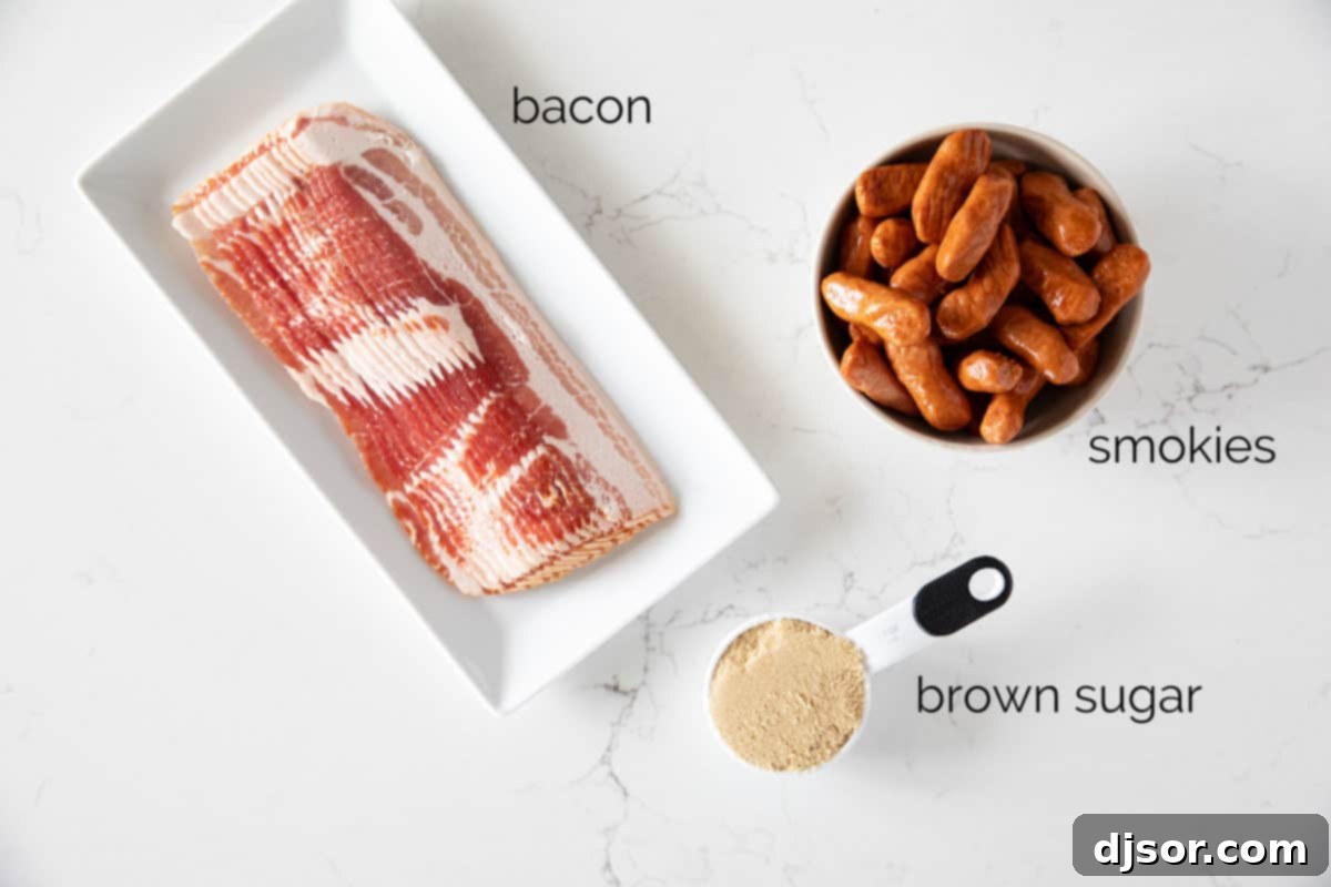 Three key ingredients for bacon wrapped smokies: a package of bacon, a package of Lit'l Smokies, and a bowl of brown sugar.