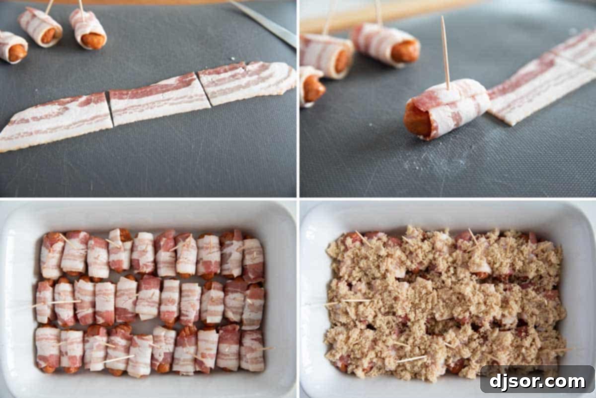 A three-panel image showing the steps to make bacon wrapped smokies: cutting bacon, wrapping smokies, and placing them in a baking dish.