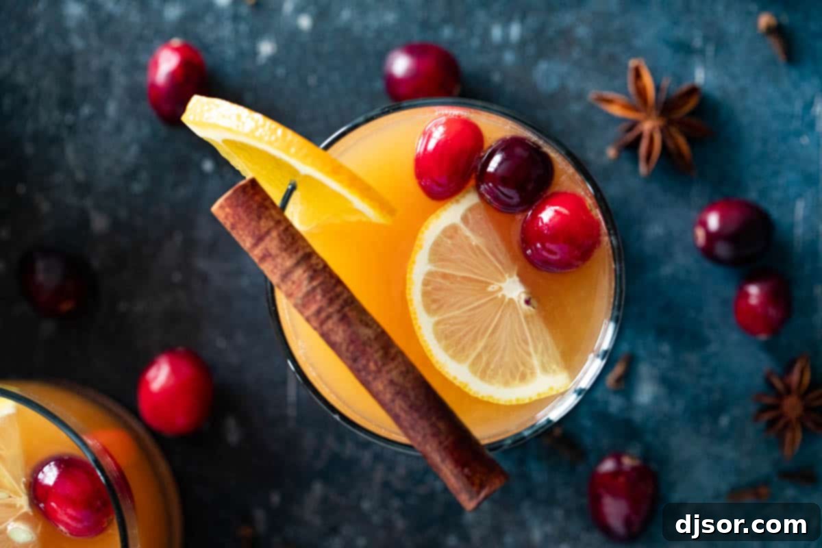 Perfect for winter celebrations or for warming up on a cold night, this hot Wassail Recipe is filled with spices and sweet juice flavors. It’s sweet and spicy and so warm and comforting! Glass filled with Wassail and topped with a cinnamon stick and cranberries.