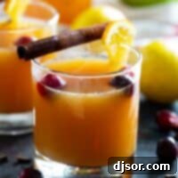 Spiced Winter Wassail 2 Glass filled with wassail and topped with orange slices and cranberries.