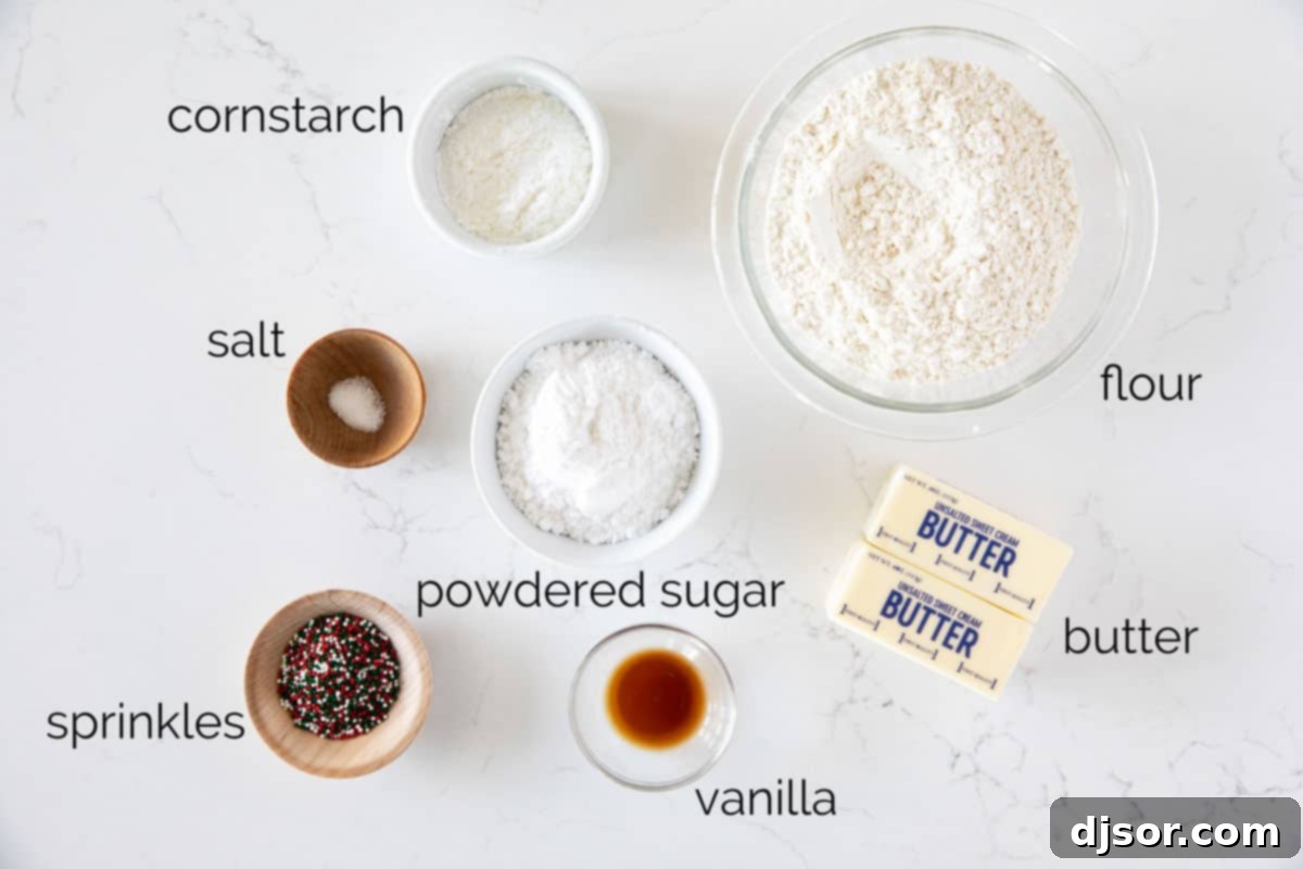 Ingredients for Christmas Shortbread Cookies laid out on a table.