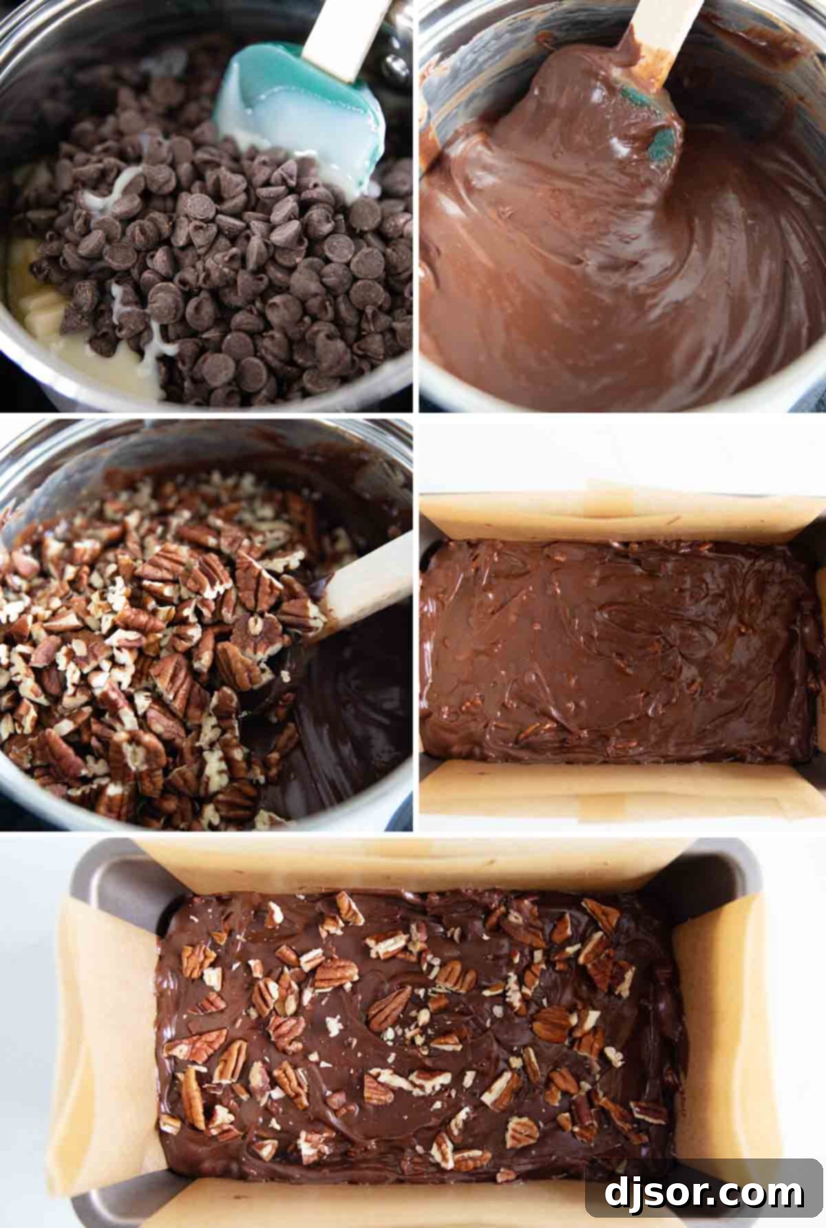 Series of images demonstrating the steps to make easy fudge, from melting ingredients to pouring into a pan.
