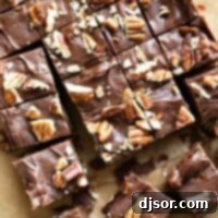 Easy fudge recipe cut into squares and topped with pecans.