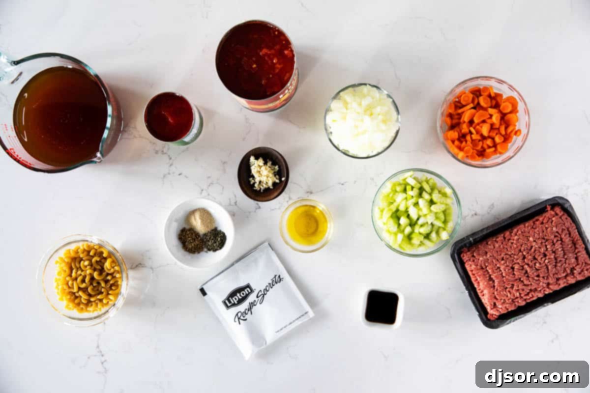 An overhead shot showcasing all the fresh and canned ingredients meticulously laid out to prepare the homemade Hamburger Soup.