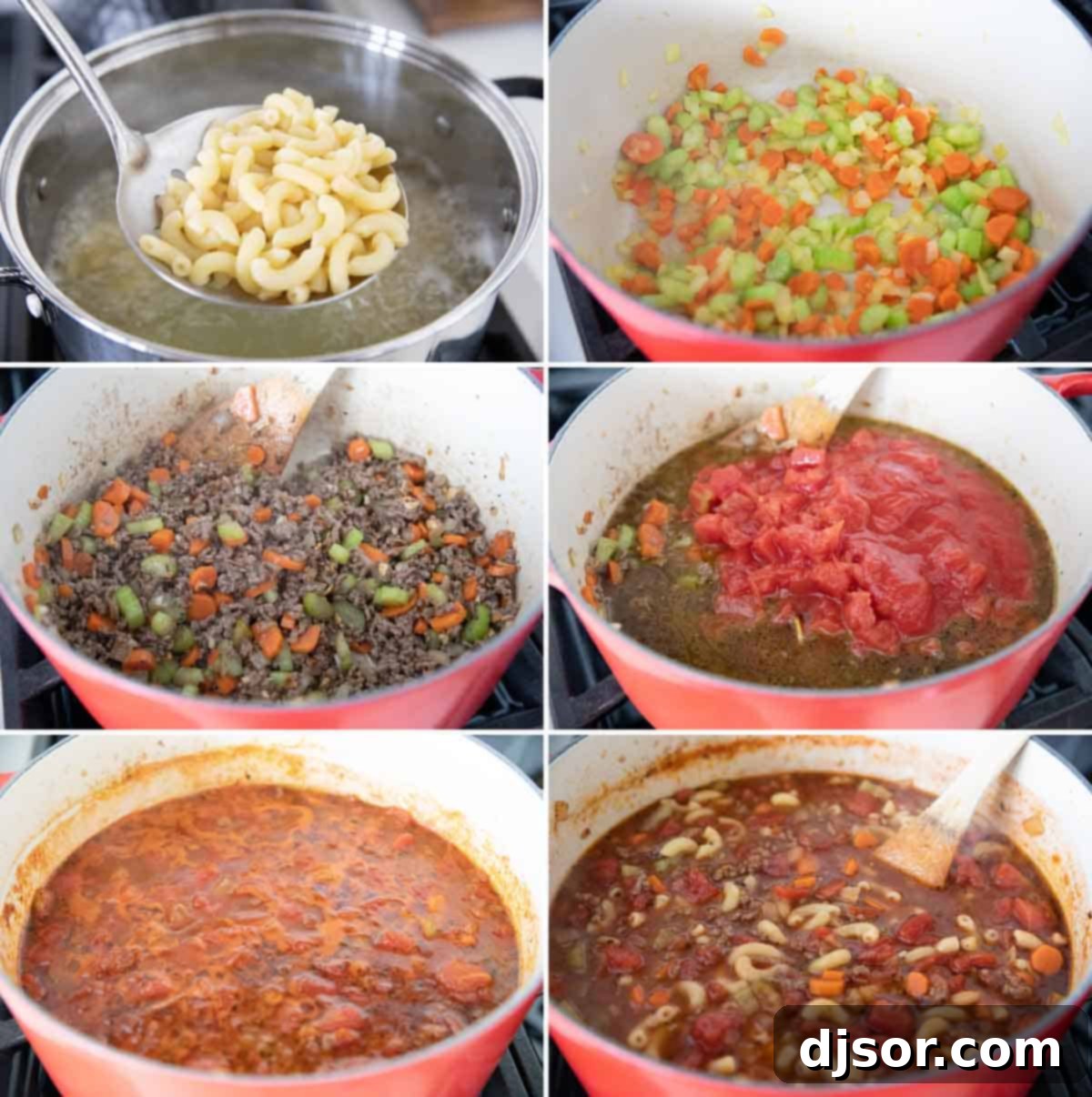 A collage showing the various stages of cooking Hamburger Soup, from sautéing vegetables to simmering the rich broth.