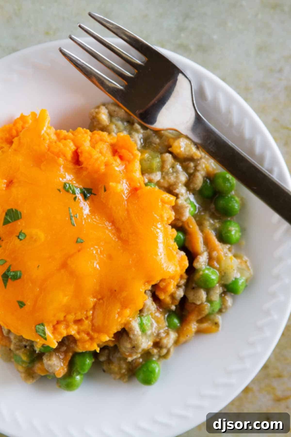 Golden Sweet Potato Topped Turkey Shepherds Pie 5 A single plate displaying a perfectly portioned serving of Turkey Shepherd's Pie, ready to be enjoyed, with subtle steam rising from the warm dish.