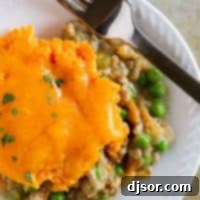Golden Sweet Potato Topped Turkey Shepherds Pie 6 Plate with a serving of Turkey Shepherd's Pie with Sweet Potatoes.