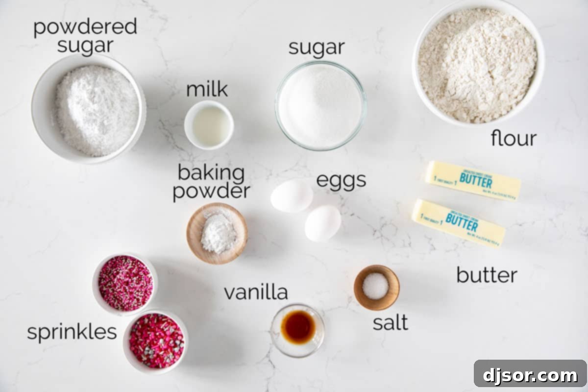 Pretty in pink, these Valentine's Day Sugar Cookies start with an easy sugar cookie recipe that is topped with the perfect pink buttercream and lots of holiday sprinkles. Ingredients to make Valentine's Day Sugar Cookies.