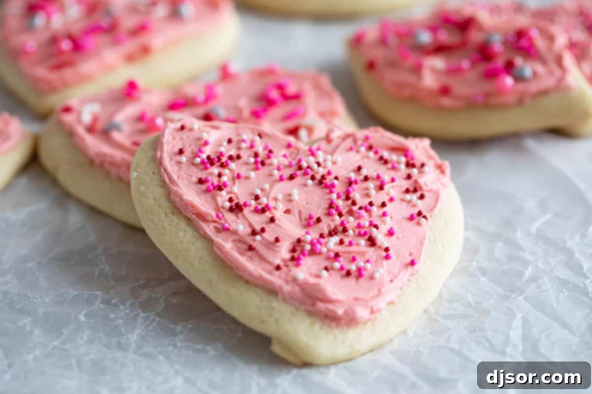 Pretty in pink, these Valentine's Day Sugar Cookies start with an easy sugar cookie recipe that is topped with the perfect pink buttercream and lots of holiday sprinkles. Heart shaped Valentine's Day Sugar Cookies with pink icing and sprinkles.
