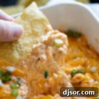 Dipping a tortilla chip into buffalo chicken dip.