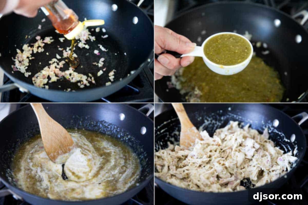 Steps for making Suizas Style Pulled Chicken Sandwiches showing ingredients being mixed
