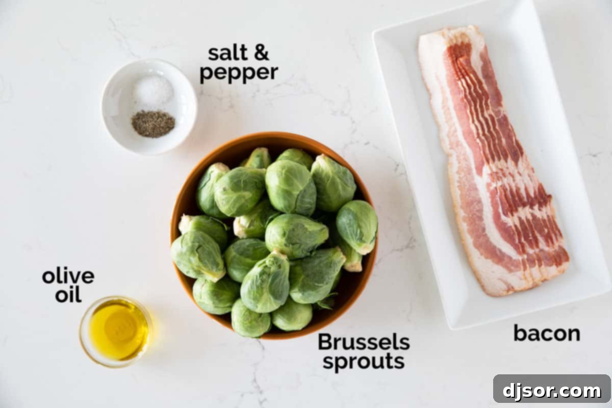 The tastiest - and easiest - way to prepare Brussels sprouts, these Roasted Brussels Sprouts are always a hit. They only take a few minutes to prepare, and everyone loves them. A selection of fresh ingredients laid out on a wooden surface, including whole Brussels sprouts, a bottle of olive oil, salt, pepper, and strips of raw bacon, ready for preparation.