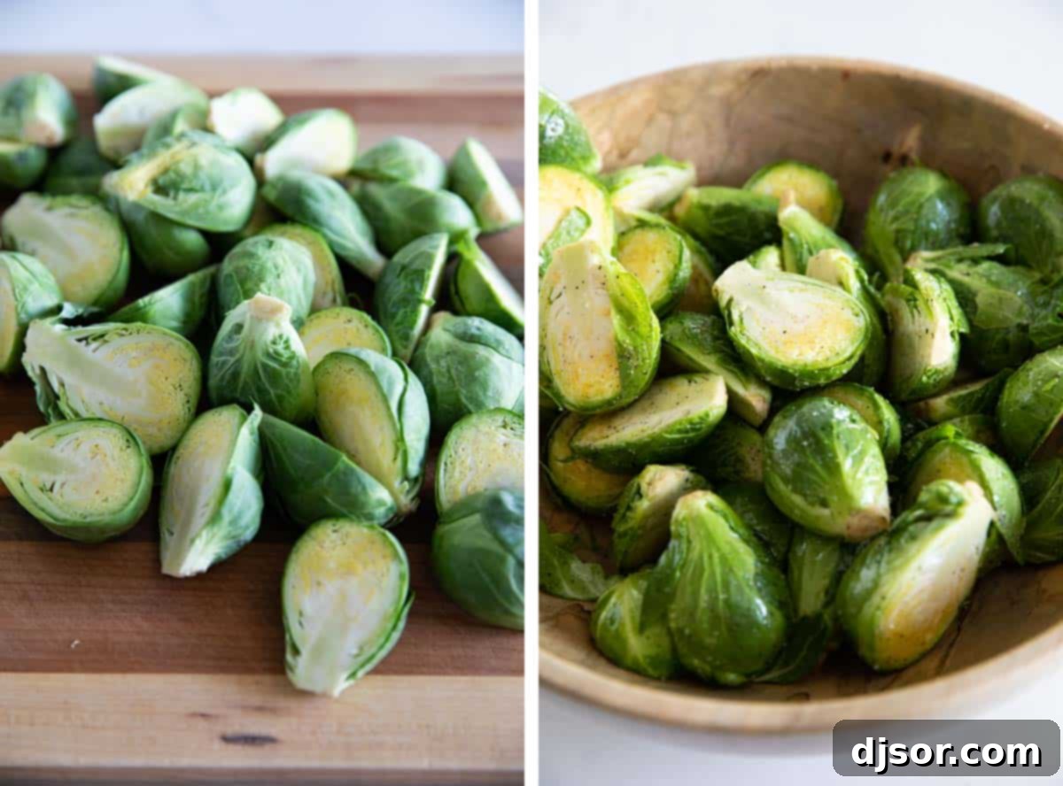 The tastiest - and easiest - way to prepare Brussels sprouts, these Roasted Brussels Sprouts are always a hit. They only take a few minutes to prepare, and everyone loves them. A close-up shot of fresh Brussels sprouts on a wooden cutting board, with some already halved and others whole. In the background, a bowl holds cut Brussels sprouts tossed with olive oil, salt, and pepper.