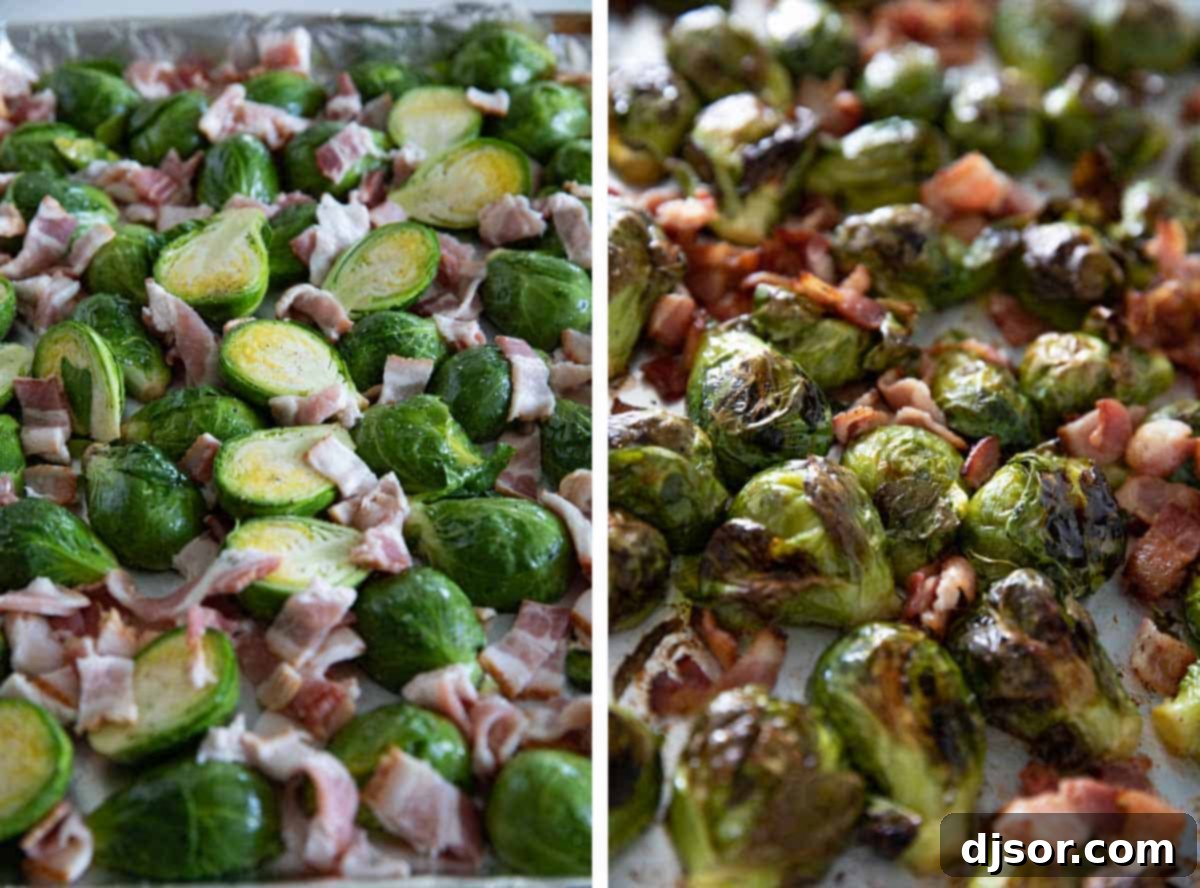 The tastiest - and easiest - way to prepare Brussels sprouts, these Roasted Brussels Sprouts are always a hit. They only take a few minutes to prepare, and everyone loves them. A large ceramic bowl filled with freshly roasted Brussels sprouts and crispy bacon bits, ready to be served.
