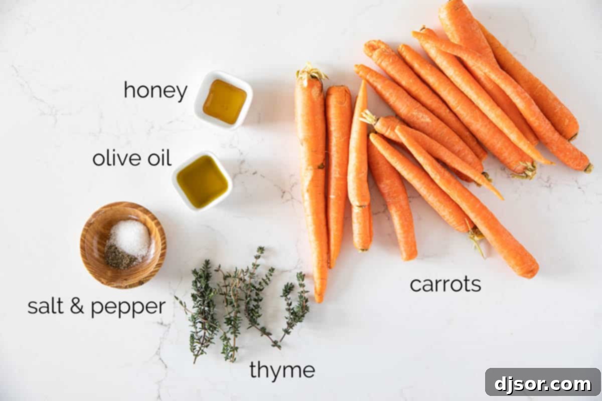 A selection of fresh ingredients laid out on a wooden surface: whole carrots, a bunch of fresh thyme, a bottle of olive oil, and a jar of honey, ready for making oven roasted carrots.