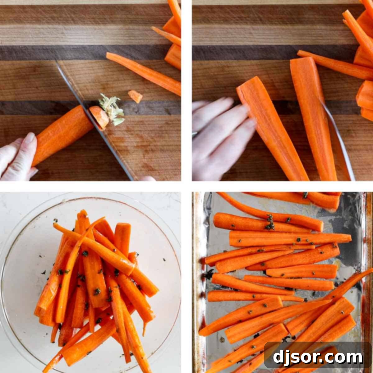 Three step-by-step images showing the preparation of oven roasted carrots: 1. Carrots being trimmed and sliced. 2. Carrots tossed with oil, honey, and thyme in a bowl. 3. Carrots spread in a single layer on a baking sheet.