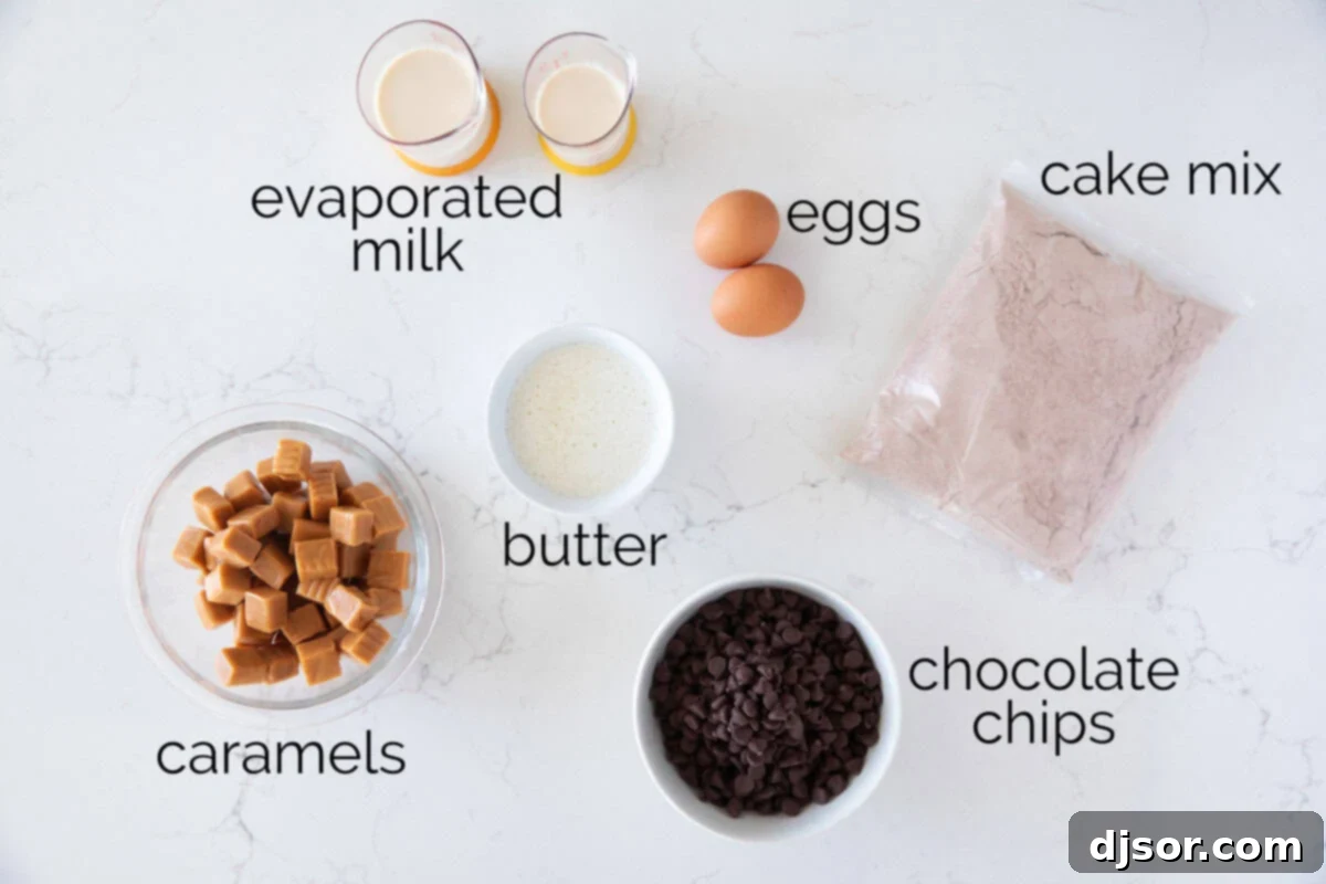 Ingredients needed to make caramel brownies.