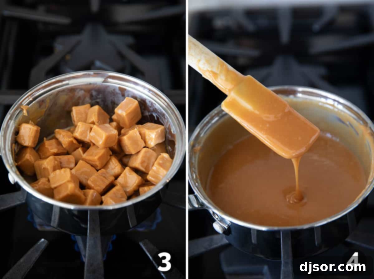 Melting caramel for the center of caramel brownies.