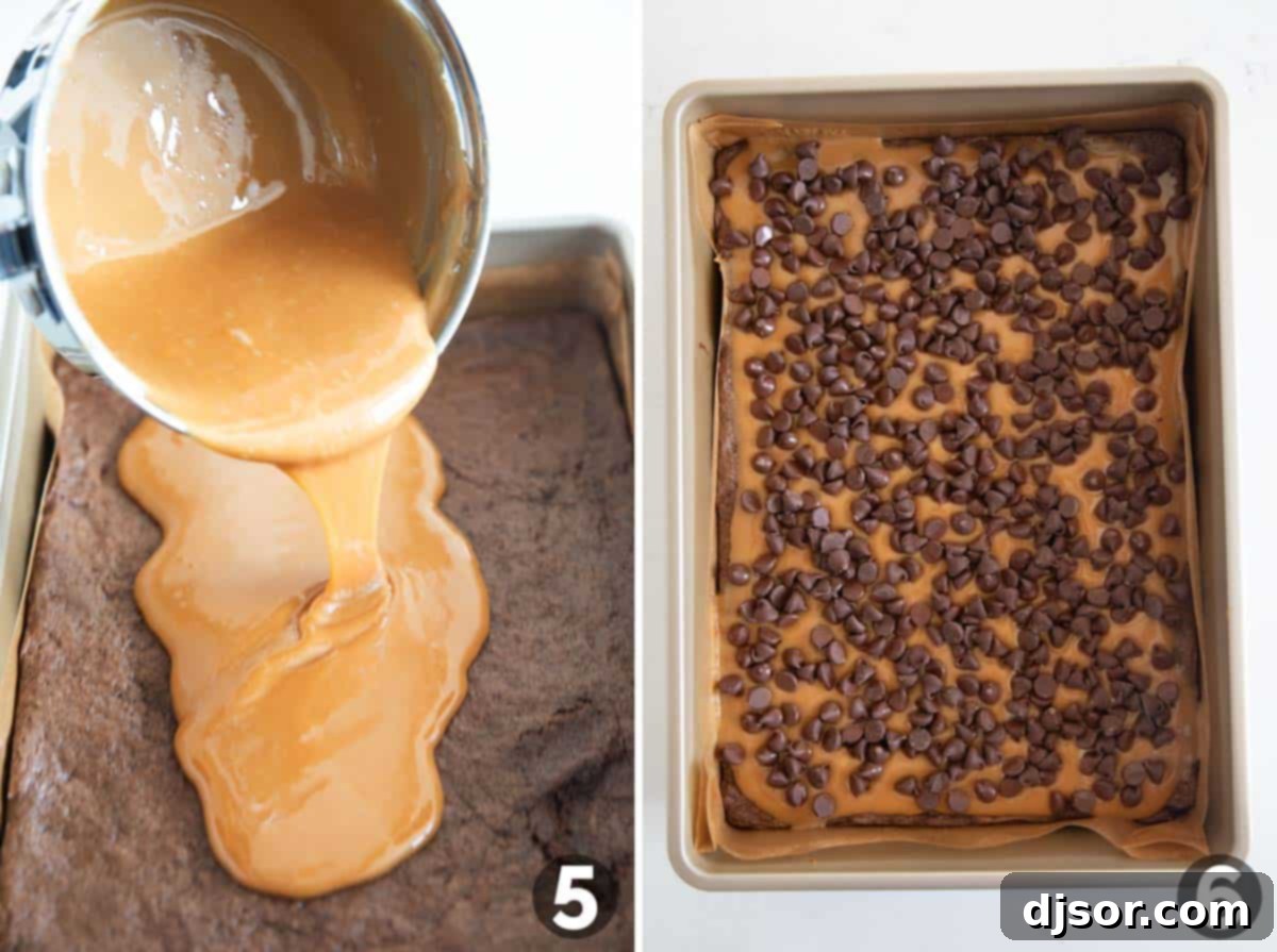 Adding caramel and chocolate chips to caramel brownies.